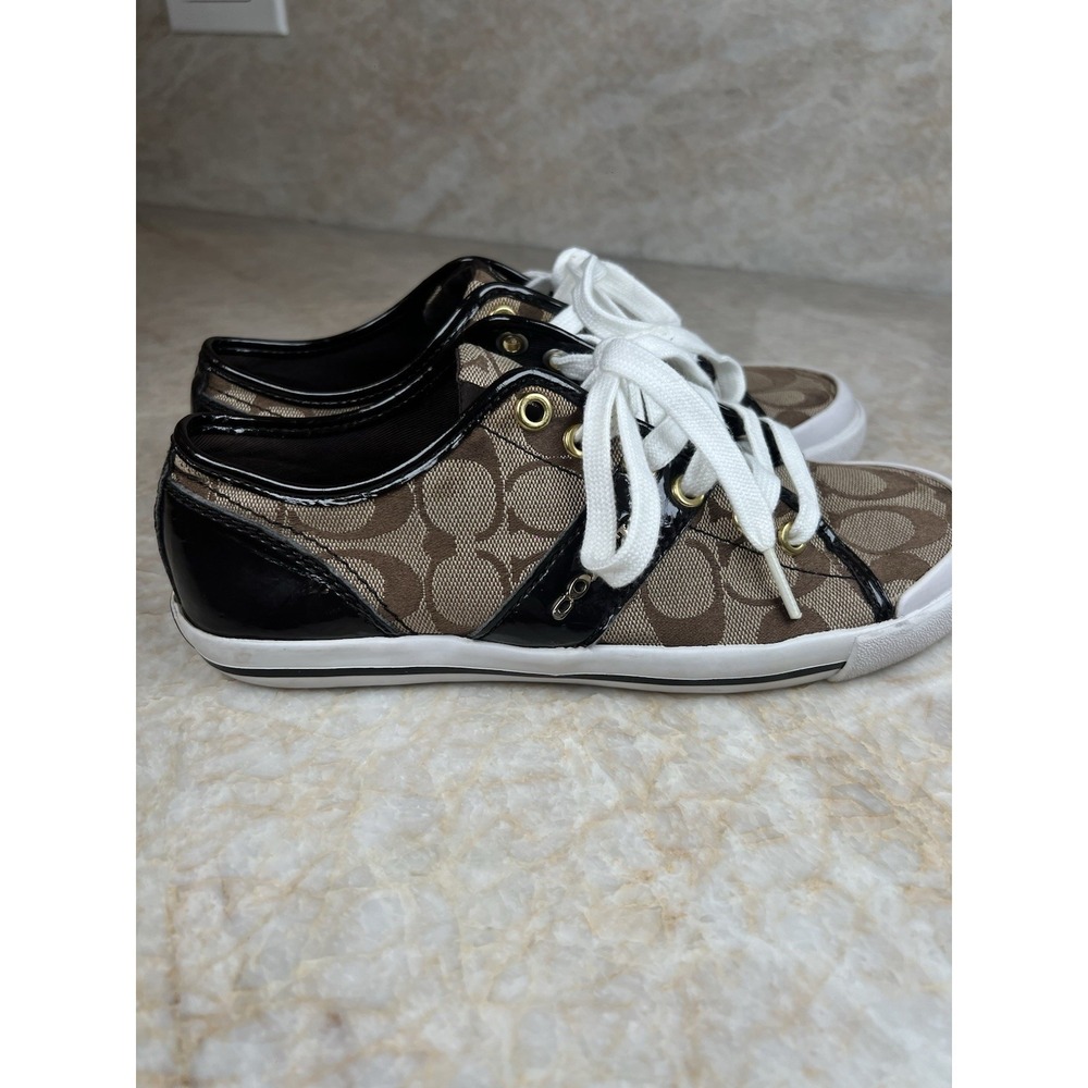 Coach Tan/ Brown Monogram Lace Up Sneakers Size 7 - Picture 3 of 7
